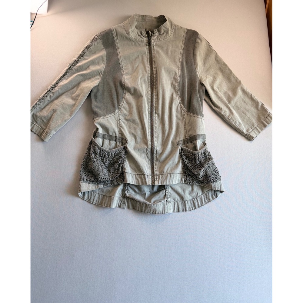 XCVI Women Sage Green Mixed Media Crochet Lace Zip Up Jacket Size L Ruched Back